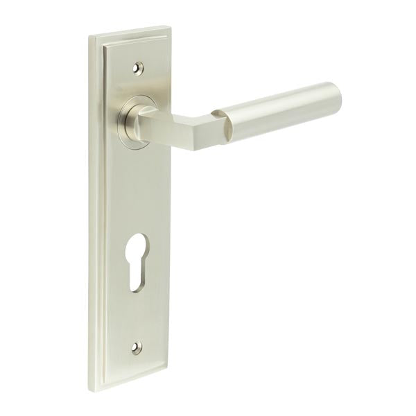 Burlington - Westminster Door Handle On Din Euro Backplate - Satin Nickel - BUR30KIT324 - Choice Handles