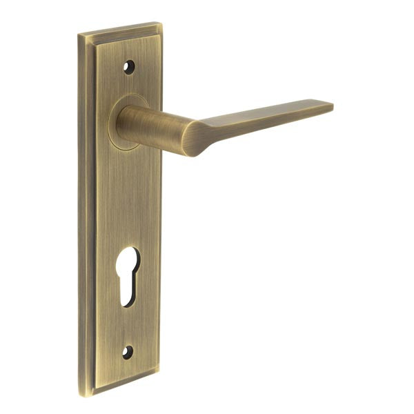 Burlington - Knightbridge Door Handle On Din Euro Backplate - Antique Brass - BUR20KIT12 - Choice Handles