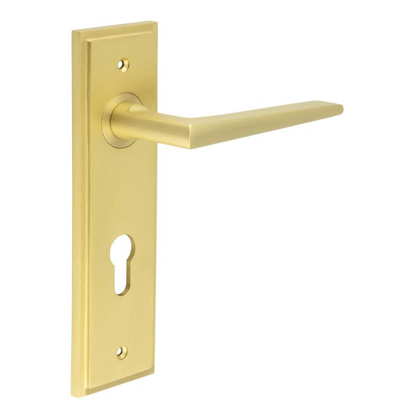 Burlington - Mayfair Door Handle On Din Euro Backplate - Satin Brass - BUR10KIT246 - Choice Handles