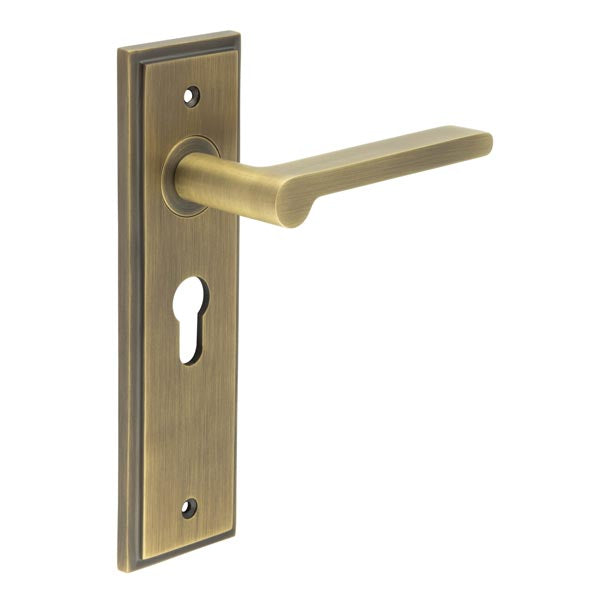 Burlington - Fitzrovia Door Handle On Din Euro Backplate - Antique Brass - BUR15KIT11 - Choice Handles