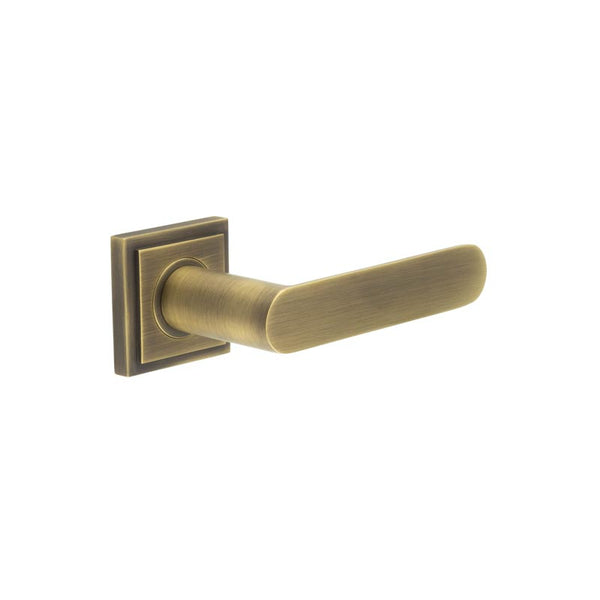 Burlington - Kensington Door Handles On Square Stepped Rose  - Antique Brass - BUR25KIT7 - Choice Handles