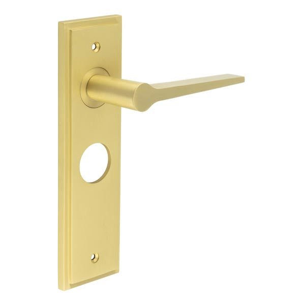 Burlington - Knightbridge Door Handle On Bathroom Backplate - Satin Brass - BUR20KIT244 - Choice Handles