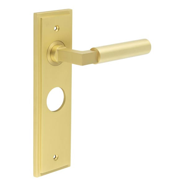Burlington - Westminster Door Handle On Bathroom Backplate - Satin Brass - BUR30KIT244 - Choice Handles