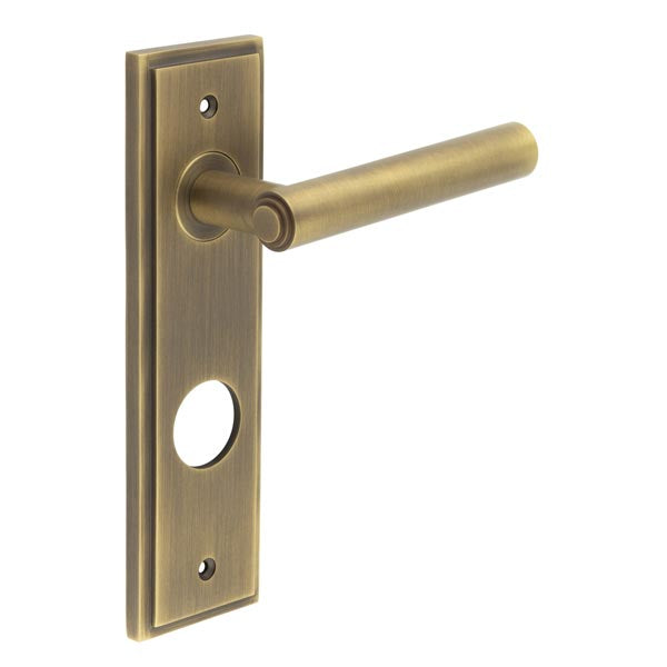 Burlington - Richmond Door Handle On Din Bathroom Backplate - Antique Brass - BUR45KIT13 - Choice Handles