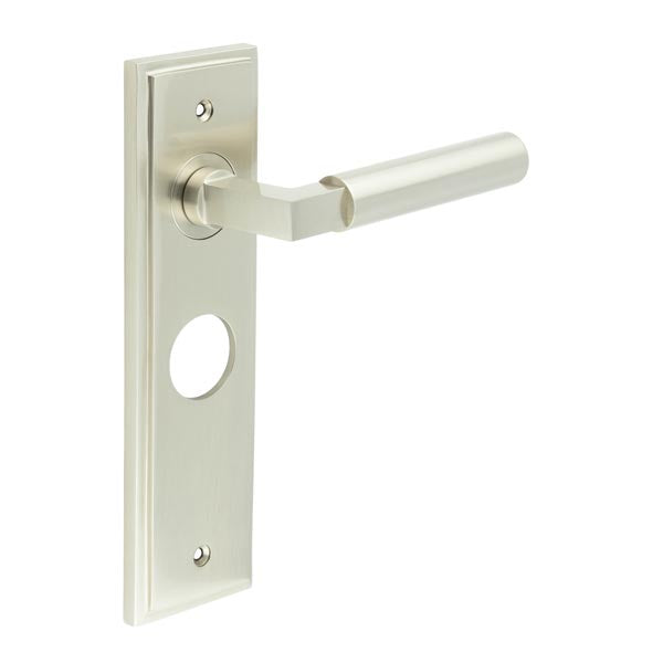 Burlington - Westminster Door Handle On Bathroom Backplate - Satin Nickel - BUR30KIT322 - Choice Handles