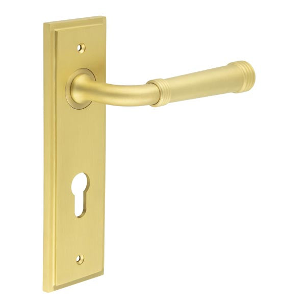 Burlington - Highgate Door Handle On Din Euro Backplate - Satin Brass - BUR35KIT246 - Choice Handles