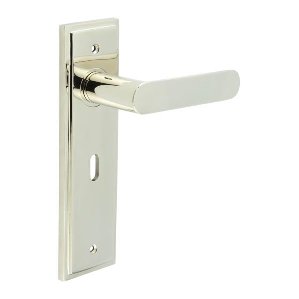 Burlington - Kensington Door Handle On Lock Backplate - Polished Nickel - BUR25KIT165 - Choice Handles