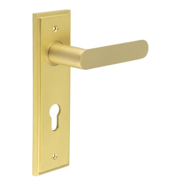 Burlington - Kensington Door Handle On Din Euro Backplate - Satin Brass - BUR25KIT246 - Choice Handles