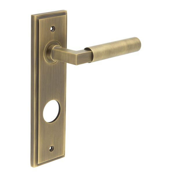Burlington - Westminster Door Handle On Din Bathroom Backplate - Antique Brass - BUR30KIT13 - Choice Handles
