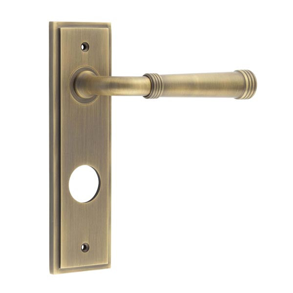 Burlington - Highgate Door Handle On Din Bathroom Backplate - Antique Brass - BUR35KIT13 - Choice Handles