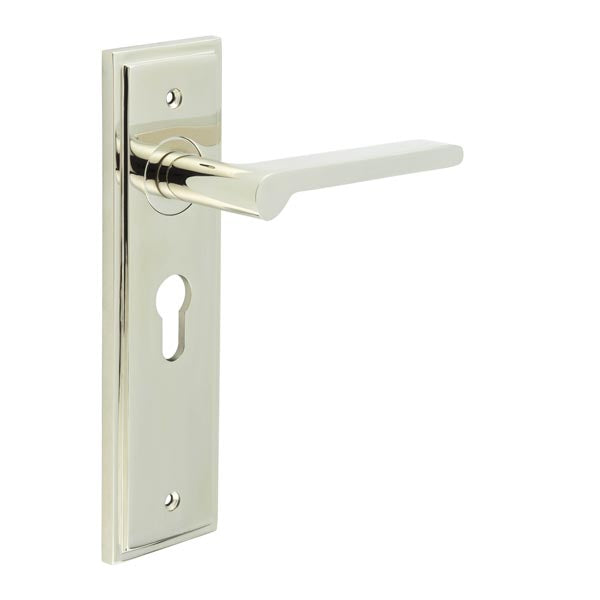 Burlington - Fitzrovia Door Handle On Din Euro Backplate - Polished Nickel - BUR15KIT167 - Choice Handles