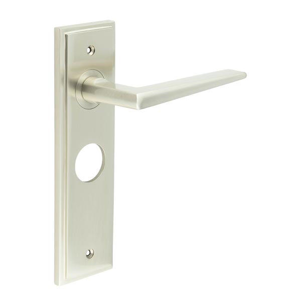 Burlington - Mayfair Door Handle On Bathroom Backplate - Satin Nickel - BUR10KIT322 - Choice Handles