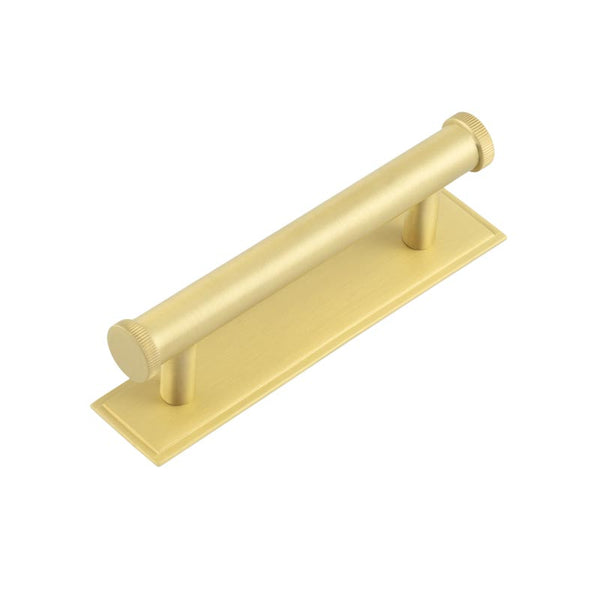Hoxton Thaxted Cabinet Handles 96mm Ctrs Stepped Backplate - Satin Brass - HOX-250SB-6050SB - Choice Handles