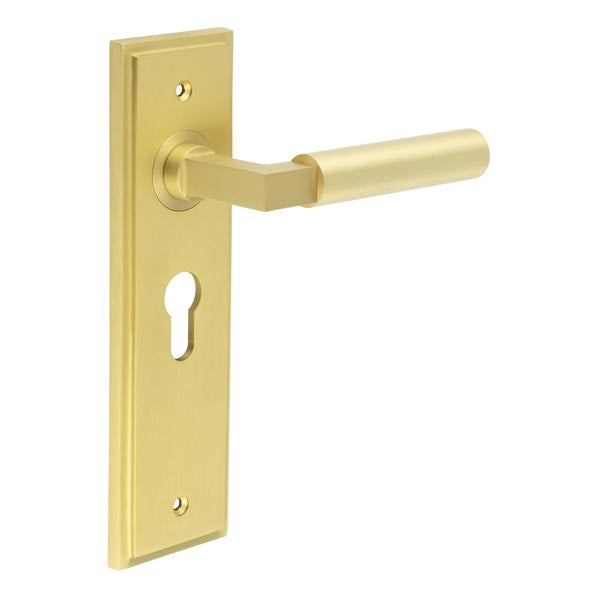 Burlington - Westminster Door Handle On Euro Backplate - Satin Brass - BUR30KIT245 - Choice Handles