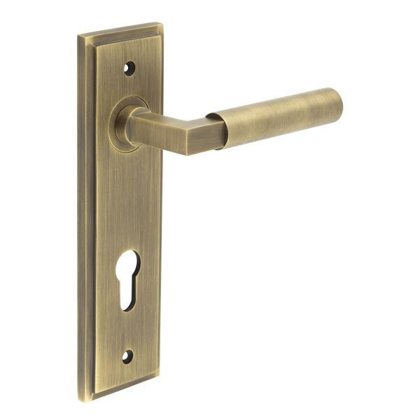 Burlington - Westminster Door Handle On Din Euro Backplate - Antique Brass - BUR30KIT12 - Choice Handles