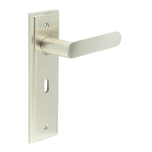 Burlington - Kensington Door Handle On Lock Backplate - Satin Nickel - BUR25KIT321 - Choice Handles
