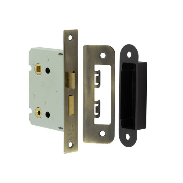 Frelan - Jedo Kontrax Bathroom locks with Square Forend & Radiused Strike Plate 65mm - Antique Brass - JL450AB - Choice Handles