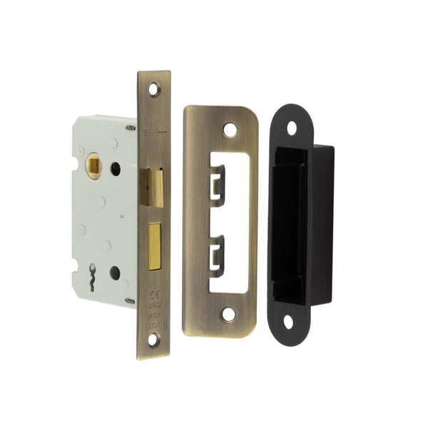 Jedo Kontrax 2 Lever Sashlocks with Square Forend & Radiused Strike Plate 65mm Antique Brass - JL470AB - Choice Handles