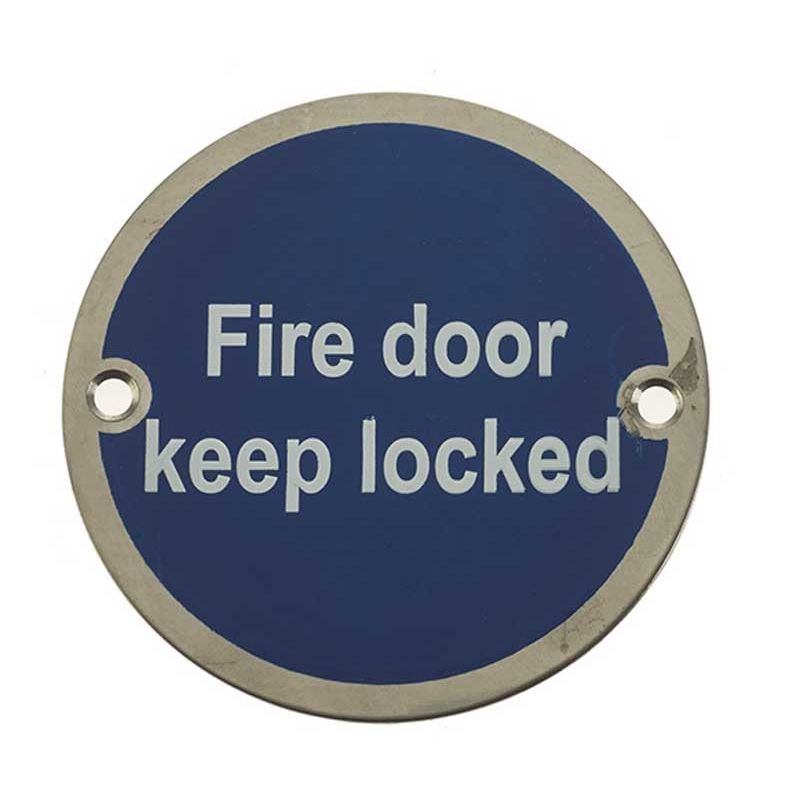 Frelan - 75mm dia, Fire Door Keep Locked Sign - Polished Stainless Ste