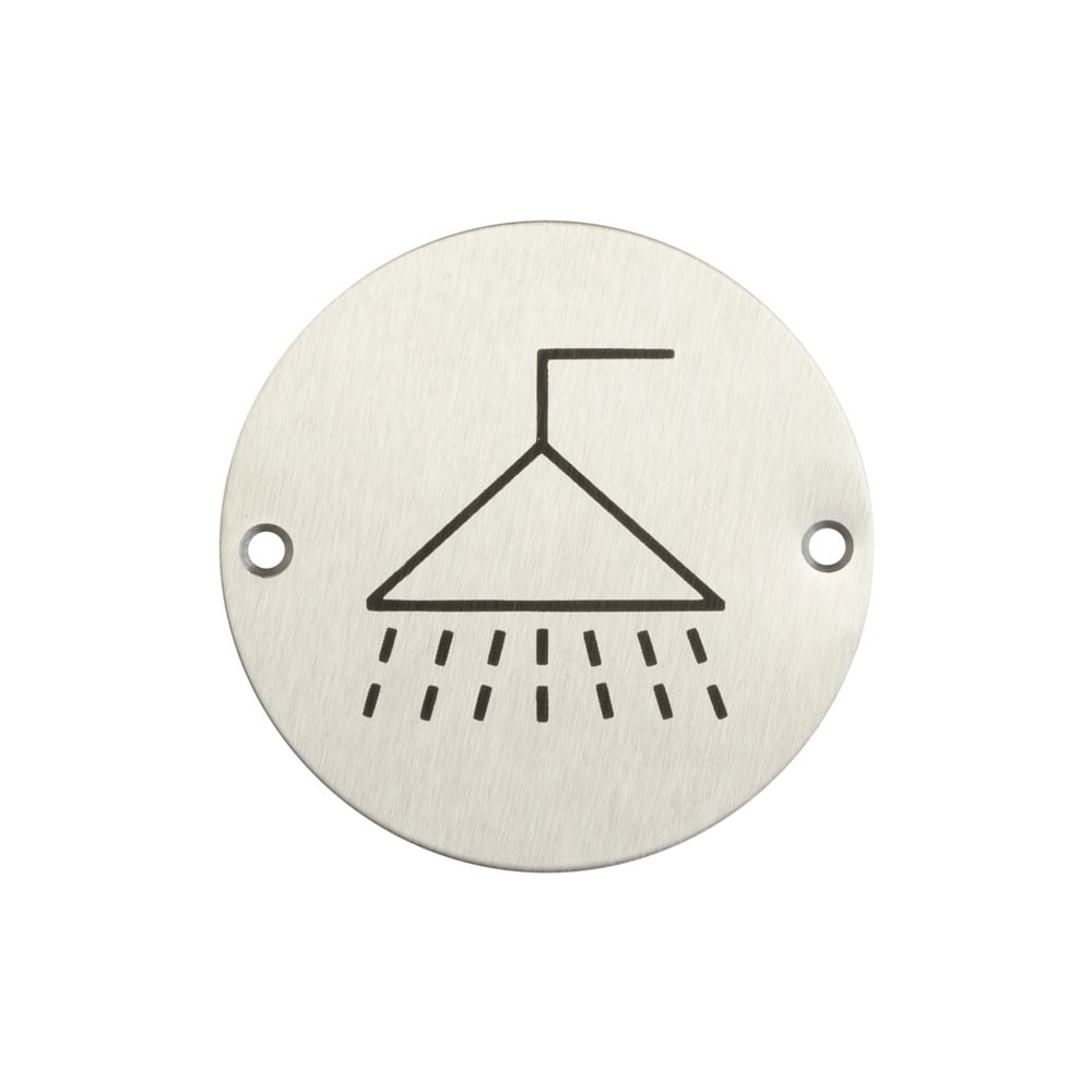 Js106 Shower Sign Frelan - 75mm dia, Shower Symbol Sign - Satin Stainless Steel - JS106S