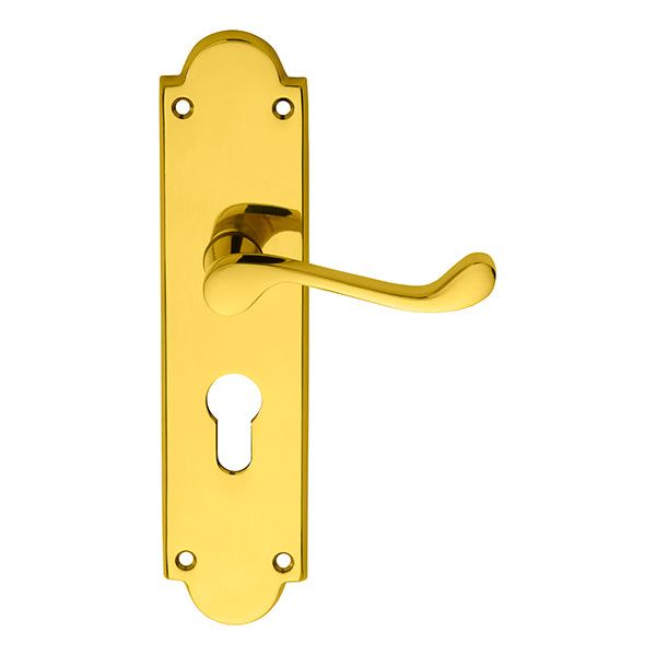 Carlisle Brass - Victorian Scroll Lever on Shaped Euro Lock Backplate - Polished Brass - M68Y - Choice Handles