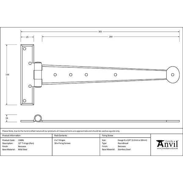 From The Anvil - 12" Penny End T Hinge (pair) - Beeswax - 33006 - Choice Handles