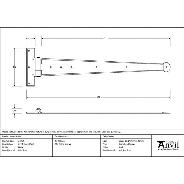 From The Anvil - 22" Penny End T Hinge (pair) - Black - 33012 - Choice Handles