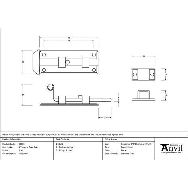 From The Anvil - 4" Straight Door Bolt - Black - 33013 - Choice Handles