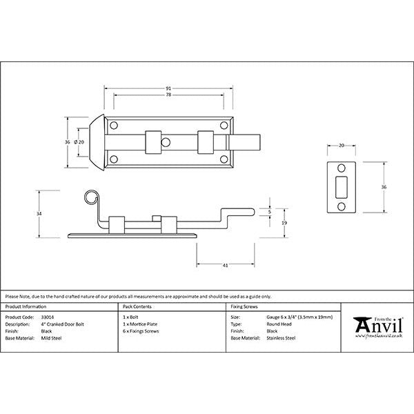 From The Anvil - 4" Cranked Door Bolt - Black - 33014 - Choice Handles