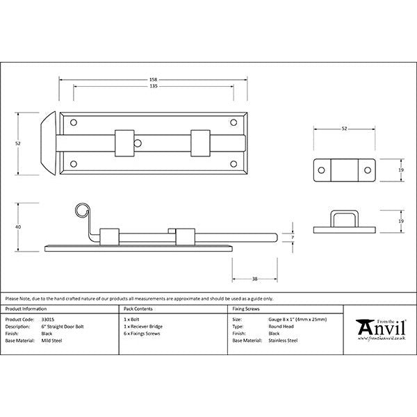 From The Anvil - 6" Straight Door Bolt - Black - 33015 - Choice Handles