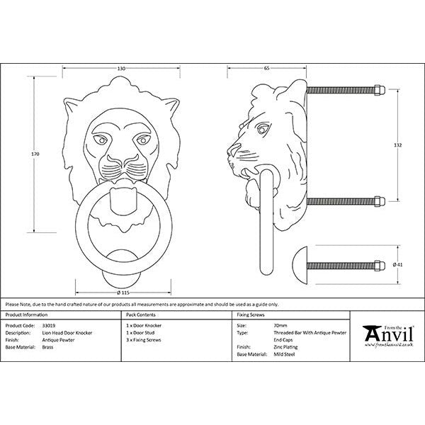 From The Anvil - Lion Head Door Knocker - Antique Pewter - 33019 - Choice Handles