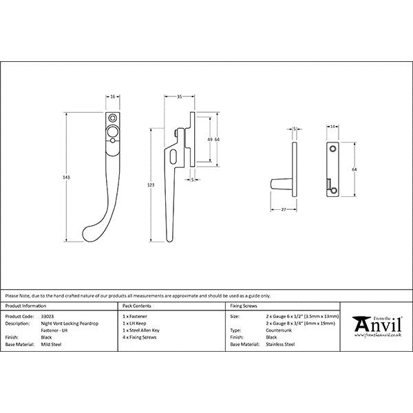 From The Anvil - Night-Vent Locking Peardrop Fastener - LH - Black - 33023 - Choice Handles