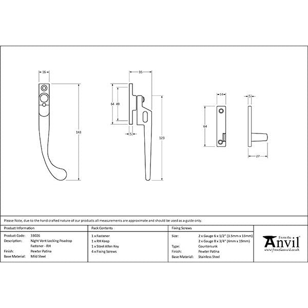 From The Anvil - Night-Vent Locking Peardrop Fastener - RH - Pewter Patina - 33026 - Choice Handles