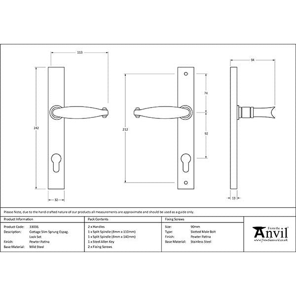 From The Anvil - Slimline Lever Espag. Lock Set - Pewter Patina - 33036 - Choice Handles