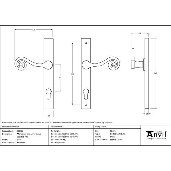 From The Anvil - Monkeytail Slimline Lever Espag. Lock Set - LH - Black - 33037L - Choice Handles
