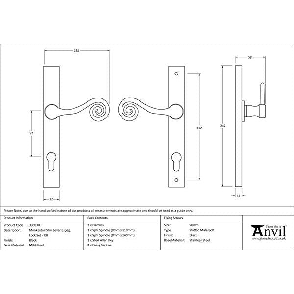 From The Anvil - Monkeytail Slimline Lever Espag. Lock Set - RH - Black - 33037R - Choice Handles