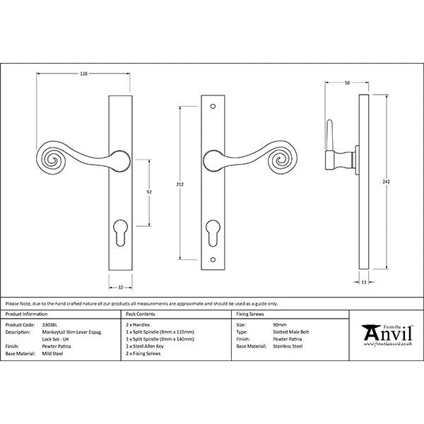 From The Anvil - Monkeytail Slimline Lever Espag. Lock Set - LH - Pewter Patina - 33038L - Choice Handles