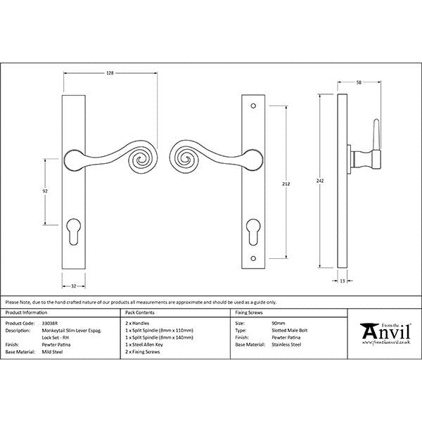 From The Anvil - Monkeytail Slimline Lever Espag. Lock Set - RH - Pewter Patina - 33038R - Choice Handles