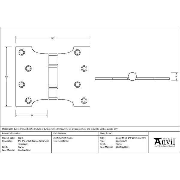 From The Anvil - 4" x 3" x 5" Parliament Hinge (pair) ss - Pewter Patina - 33046 - Choice Handles