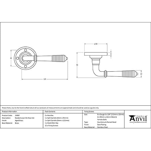 From The Anvil - Reeded Lever On Rose - Aged Brass - 33087 - Choice Handles