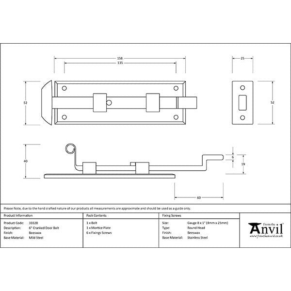 From The Anvil - 6" Cranked Door Bolt - Beeswax - 33128 - Choice Handles