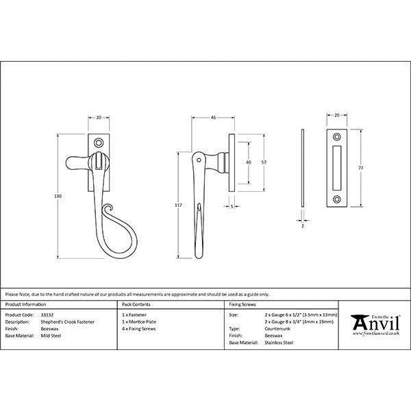 From The Anvil - Shepherd's Crook Fastener - Beeswax - 33132 - Choice Handles