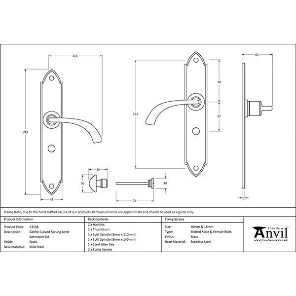 From The Anvil - Gothic Curved Sprung Lever Bathroom Set - Black - 33138 - Choice Handles