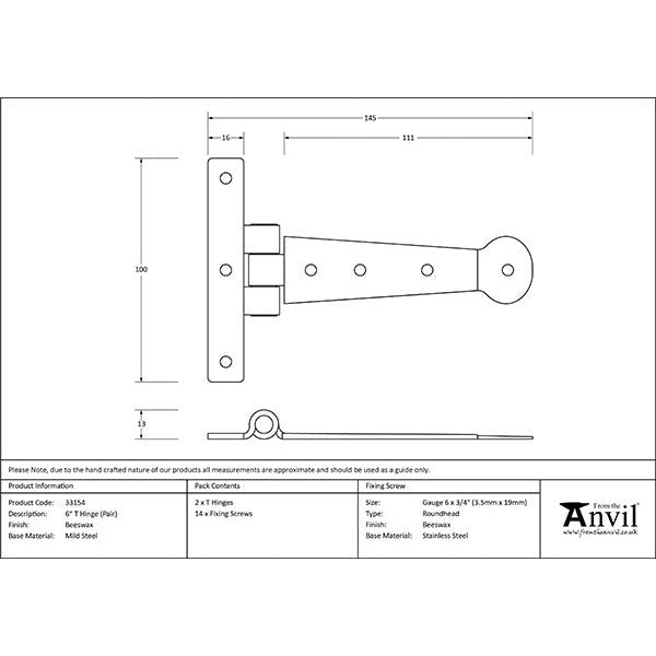 From The Anvil - 6" Penny End T Hinge (pair) - Beeswax - 33154 - Choice Handles