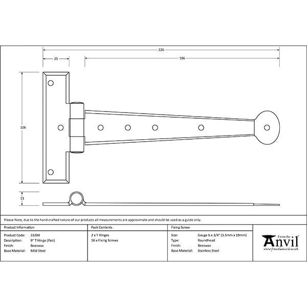 From The Anvil - 9" Penny End T Hinge (pair) - Beeswax - 33204 - Choice Handles
