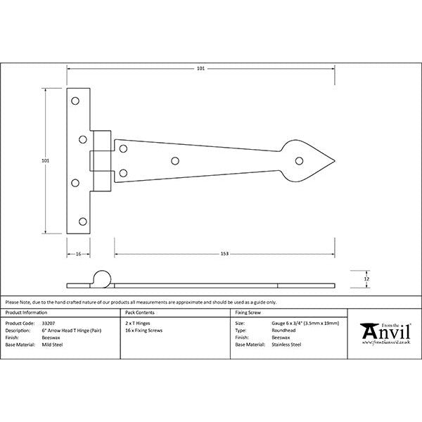 From The Anvil - 6" Arrow Head T Hinge (pair) - Beeswax - 33207 - Choice Handles
