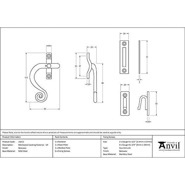 From The Anvil - Locking Monkeytail Fastener - LH - Beeswax - 33211 - Choice Handles