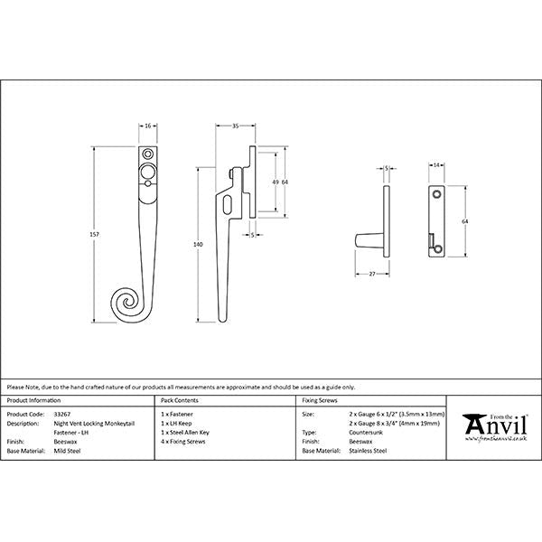From The Anvil - LH Locking Night-vent Monkeytail Fastener - Beeswax - 33267 - Choice Handles