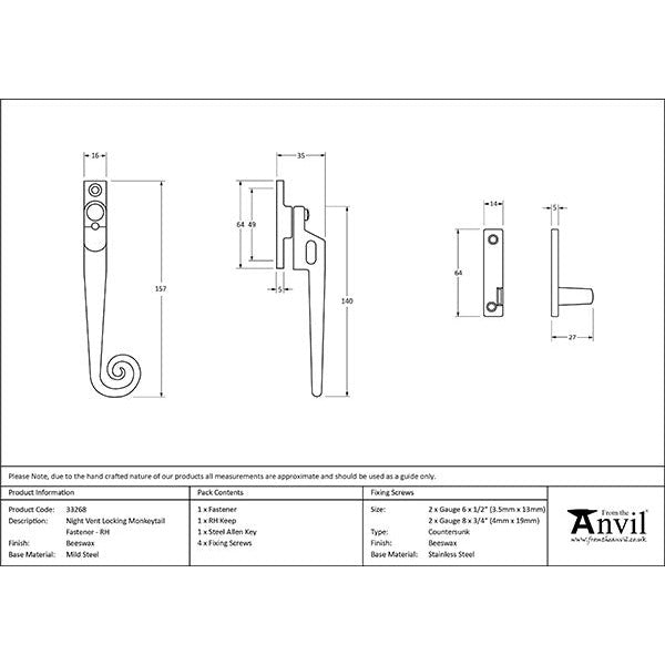 From The Anvil - RH Locking Night-vent Monkeytail Fastener - Beeswax - 33268 - Choice Handles