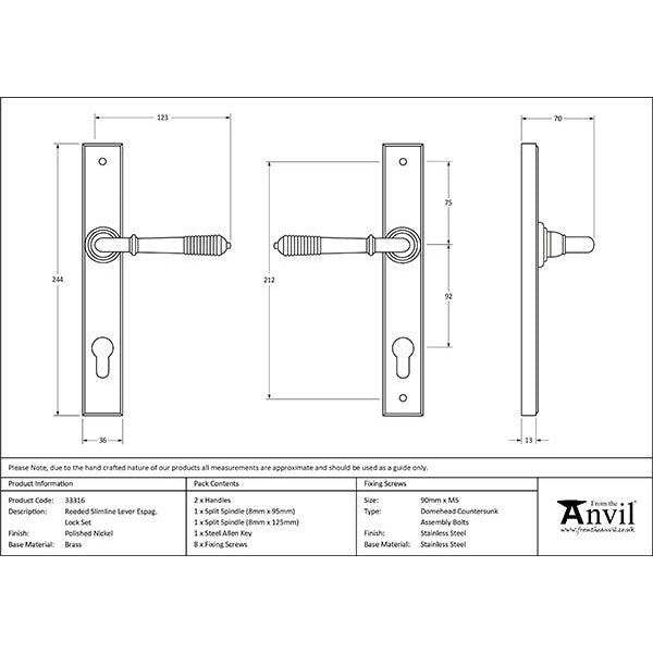 From The Anvil - Reeded Slimline Lever Espag. Lock Set - Polished Nickel - 33316 - Choice Handles